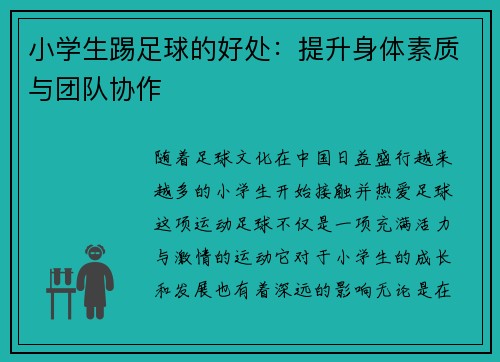 小学生踢足球的好处：提升身体素质与团队协作