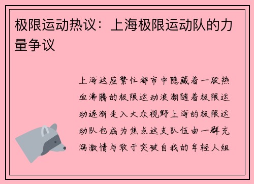 极限运动热议：上海极限运动队的力量争议