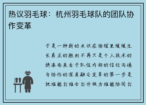 热议羽毛球：杭州羽毛球队的团队协作变革