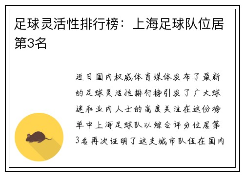足球灵活性排行榜：上海足球队位居第3名