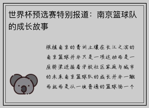 世界杯预选赛特别报道：南京篮球队的成长故事